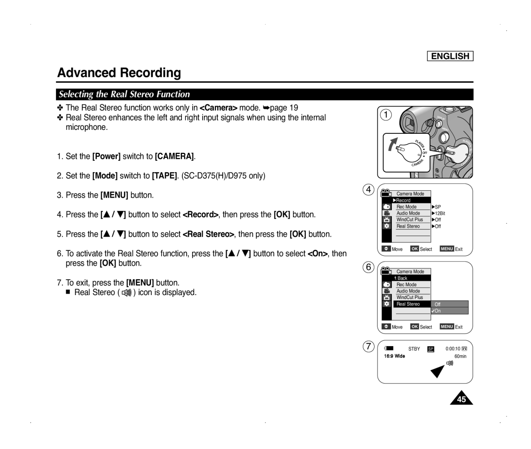 Samsung SC-D975, SC-D371, SC-D375(H), SC-D372 manual Selecting the Real Stereo Function 