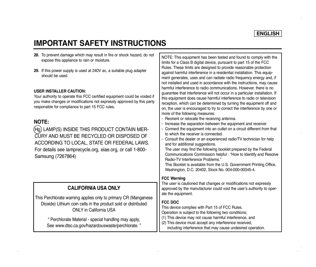 Samsung SC-D975, SC-D371, SC-D375(H), SC-D372 manual California USA only 