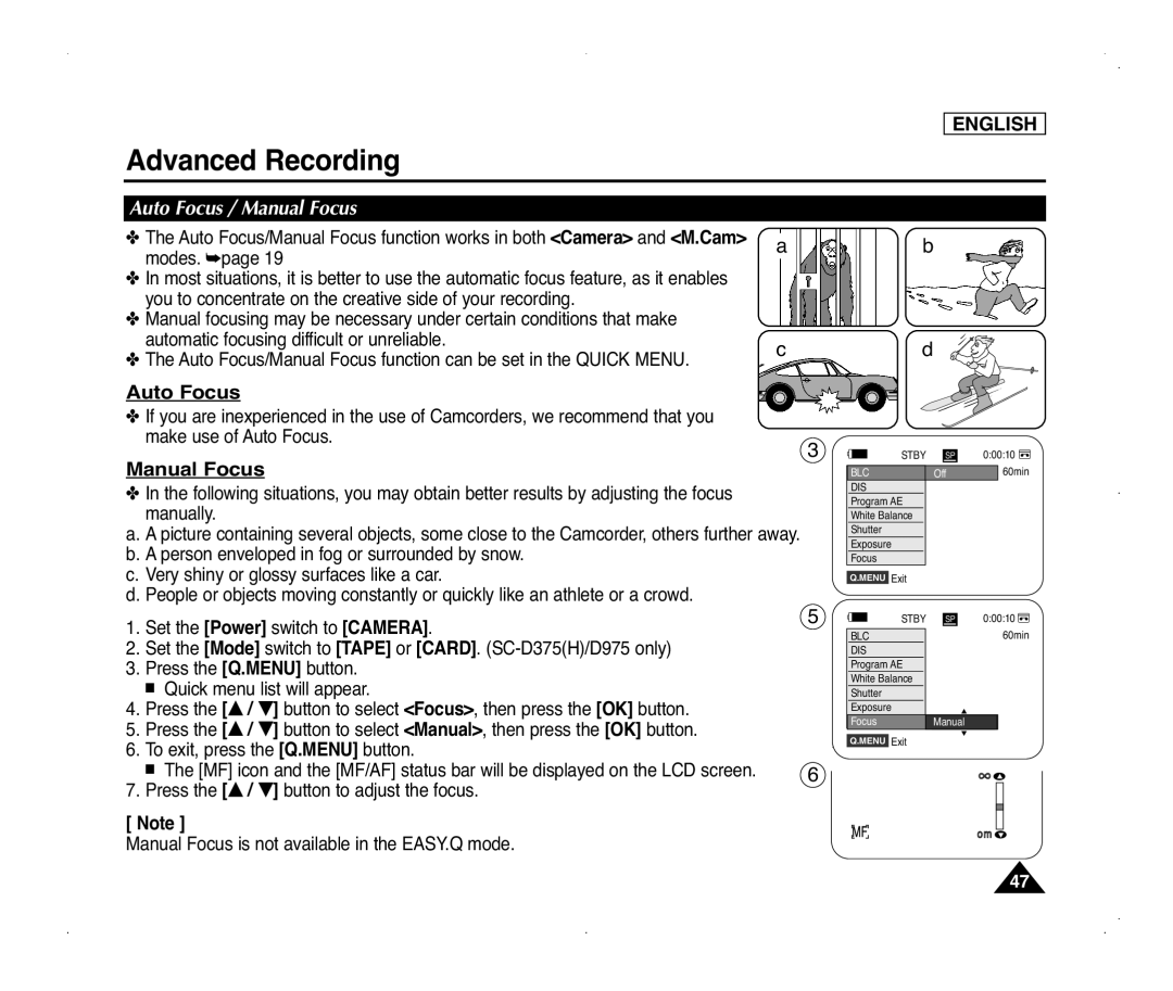 Samsung SC-D372, SC-D371, SC-D975, SC-D375(H) manual Auto Focus / Manual Focus 