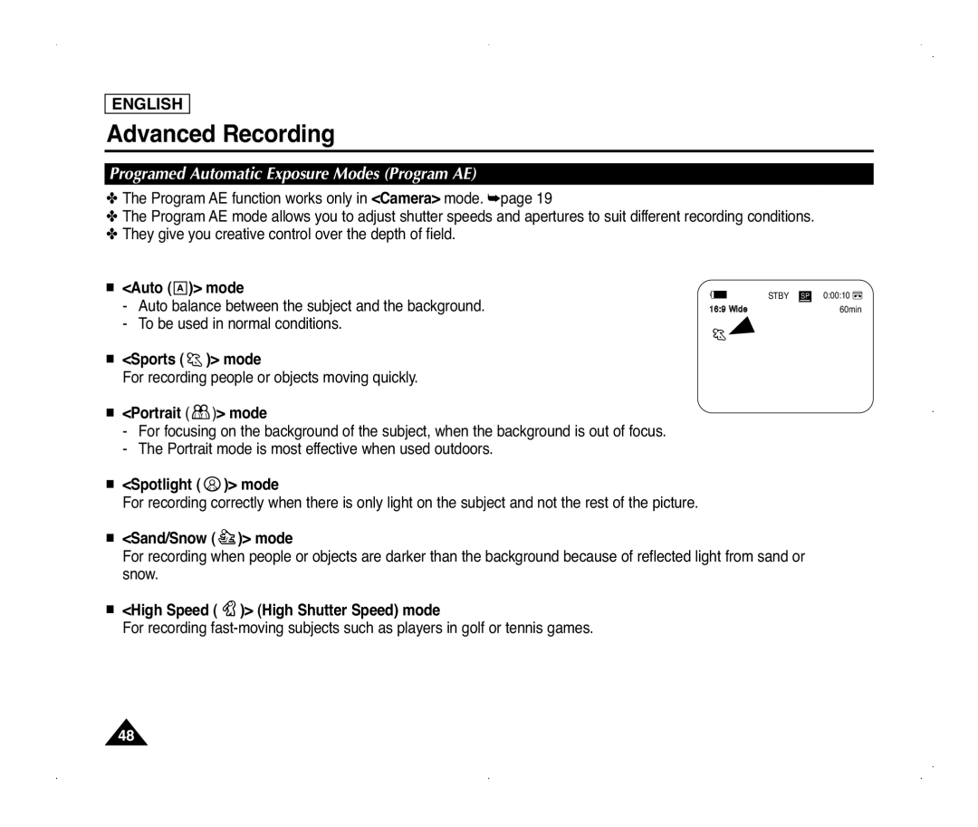 Samsung SC-D371, SC-D975, SC-D375(H), SC-D372 manual Programed Automatic Exposure Modes Program AE 