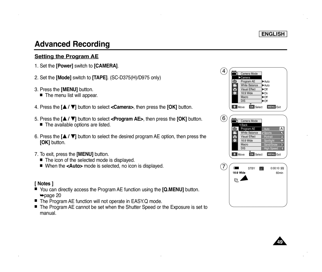 Samsung SC-D975, SC-D371, SC-D375(H), SC-D372 manual Setting the Program AE 