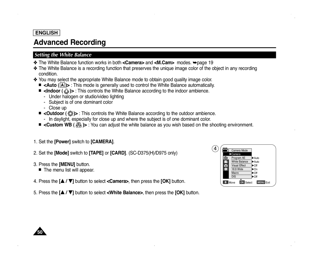 Samsung SC-D375(H), SC-D371, SC-D975, SC-D372 manual Setting the White Balance 