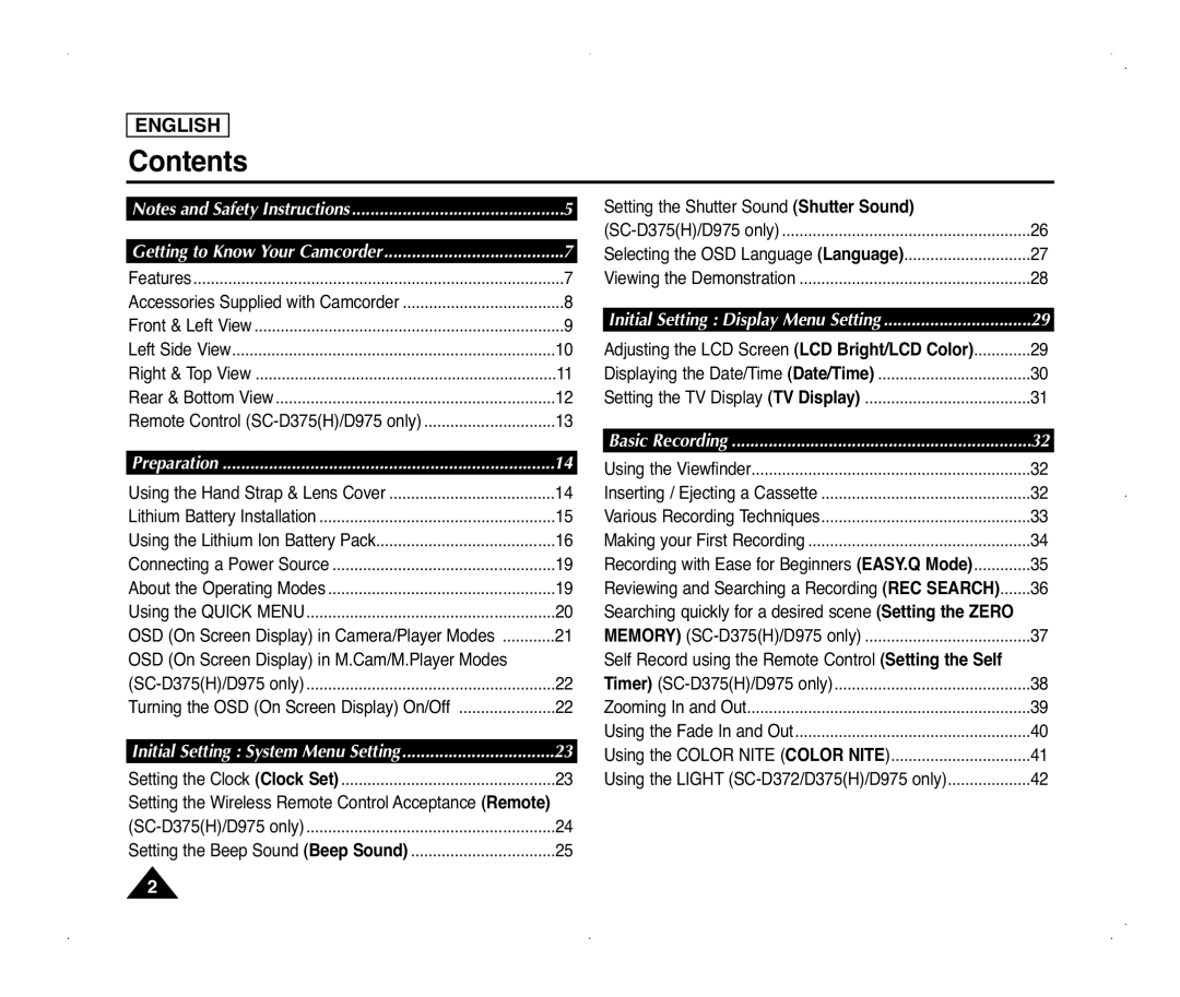 Samsung SC-D375(H), SC-D371, SC-D975, SC-D372 manual Contents 