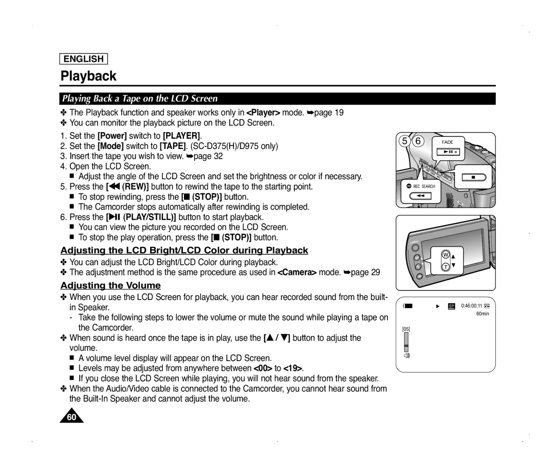 Samsung SC-D371, SC-D975, SC-D375(H), SC-D372 Adjusting the LCD Bright/LCD Color during Playback, Adjusting the Volume 