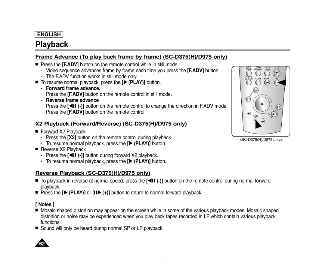 Samsung SC-D375(H), SC-D371, SC-D975 manual Reverse Playback SC-D375H/D975 only, Forward frame advance, Reverse frame advance 