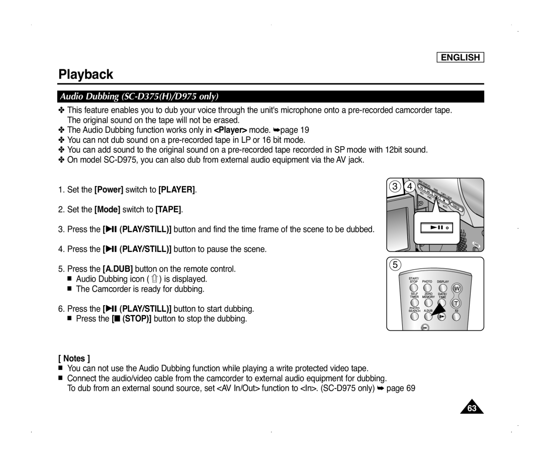 Samsung SC-D372, SC-D371, SC-D975, SC-D375(H) manual Audio Dubbing SC-D375H/D975 only 