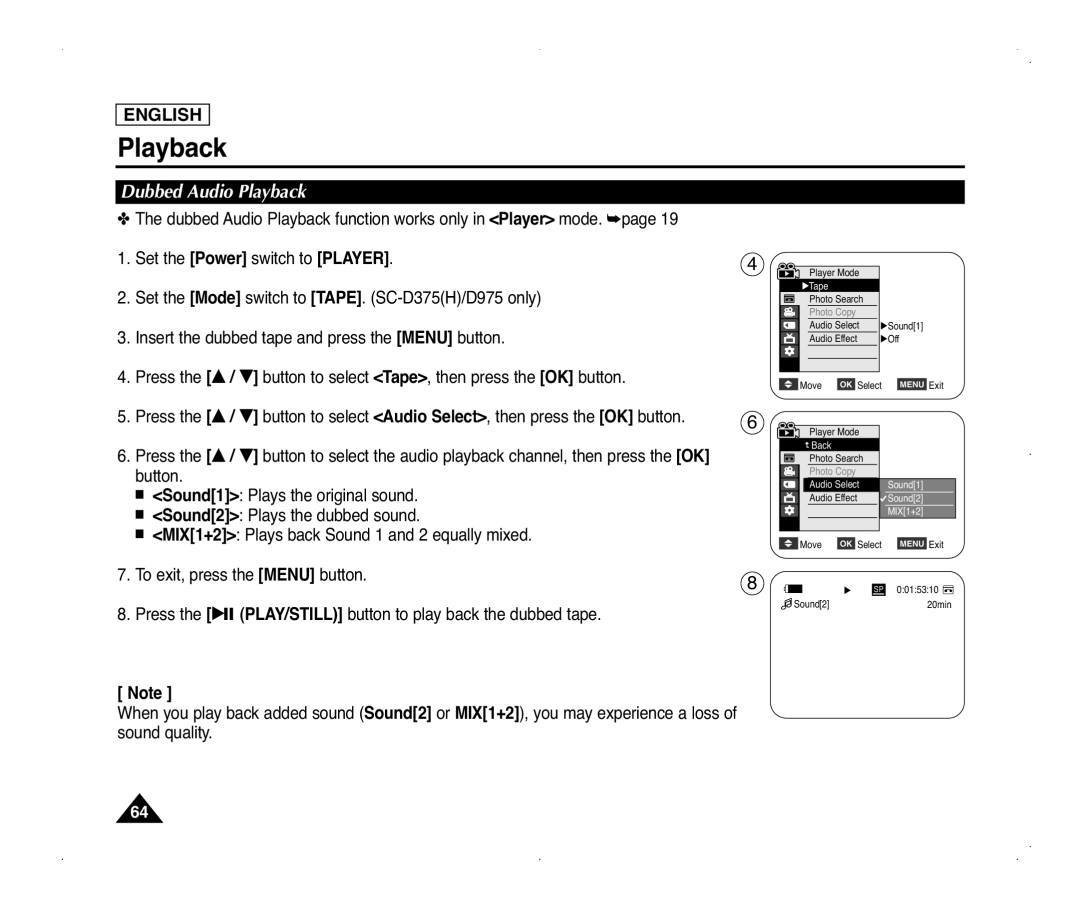 Samsung SC-D371, SC-D975 Dubbed Audio Playback, Button, Sound1 Plays the original sound, Sound2 Plays the dubbed sound 