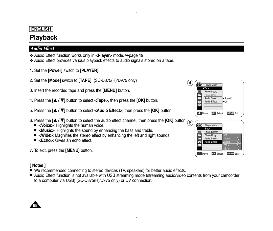 Samsung SC-D371, SC-D975, SC-D375(H), SC-D372 manual Audio Effect 