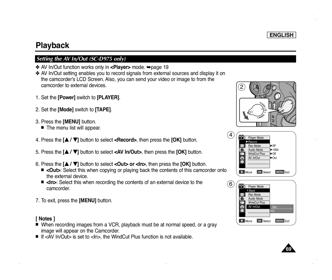 Samsung SC-D371, SC-D375(H), SC-D372 manual Setting the AV In/Out SC-D975 only 