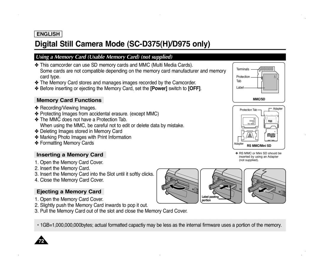 Samsung SC-D371, SC-D975 manual Digital Still Camera Mode SC-D375H/D975 only, Memory Card Functions, Inserting a Memory Card 