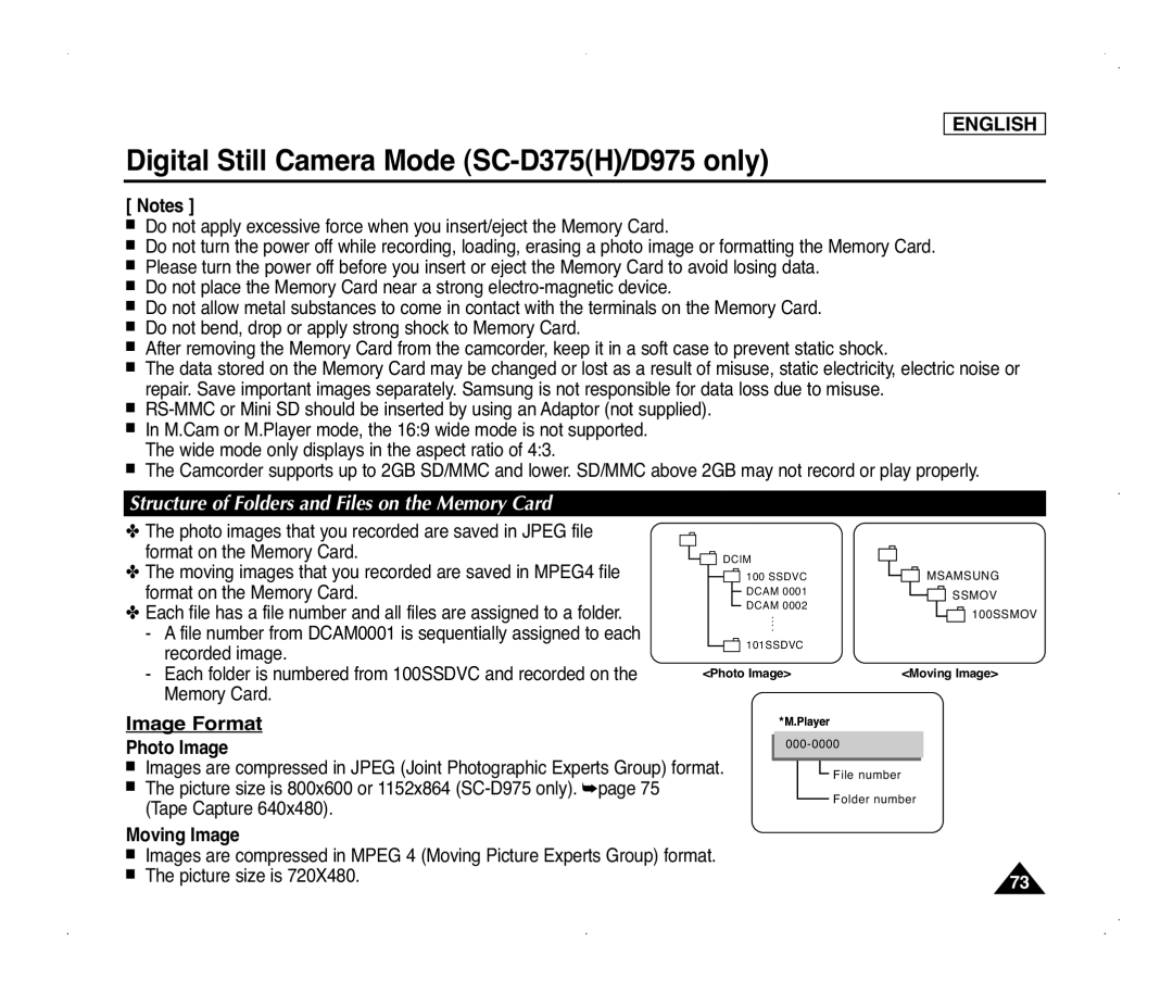 Samsung SC-D975, SC-D371 manual Image Format, Structure of Folders and Files on the Memory Card, Photo Image, Moving Image 