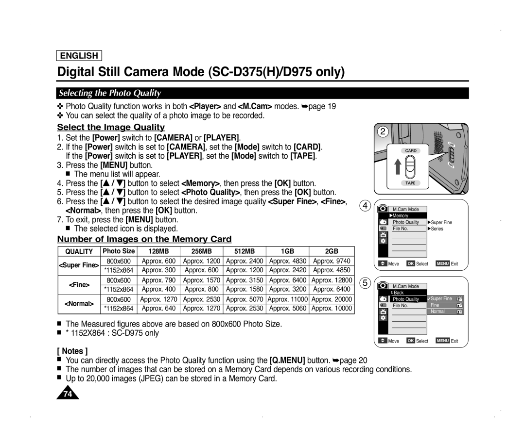 Samsung SC-D375(H), SC-D371 Select the Image Quality, Number of Images on the Memory Card, Selecting the Photo Quality 