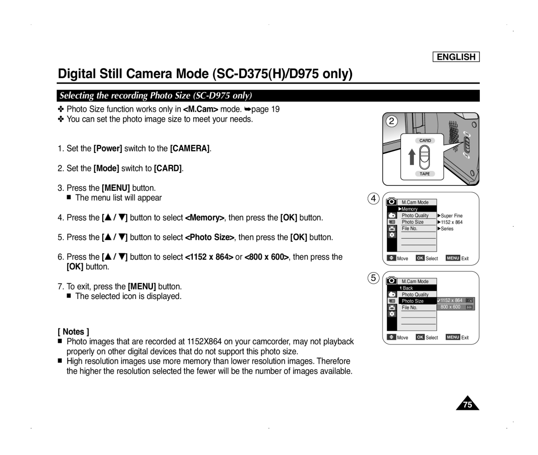 Samsung SC-D372 Selecting the recording Photo Size SC-D975 only, Press the Menu button, Menu list will appear, OK button 