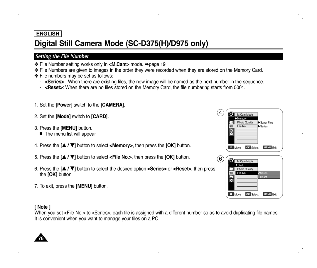 Samsung SC-D371, SC-D975, SC-D375(H), SC-D372 manual Setting the File Number 