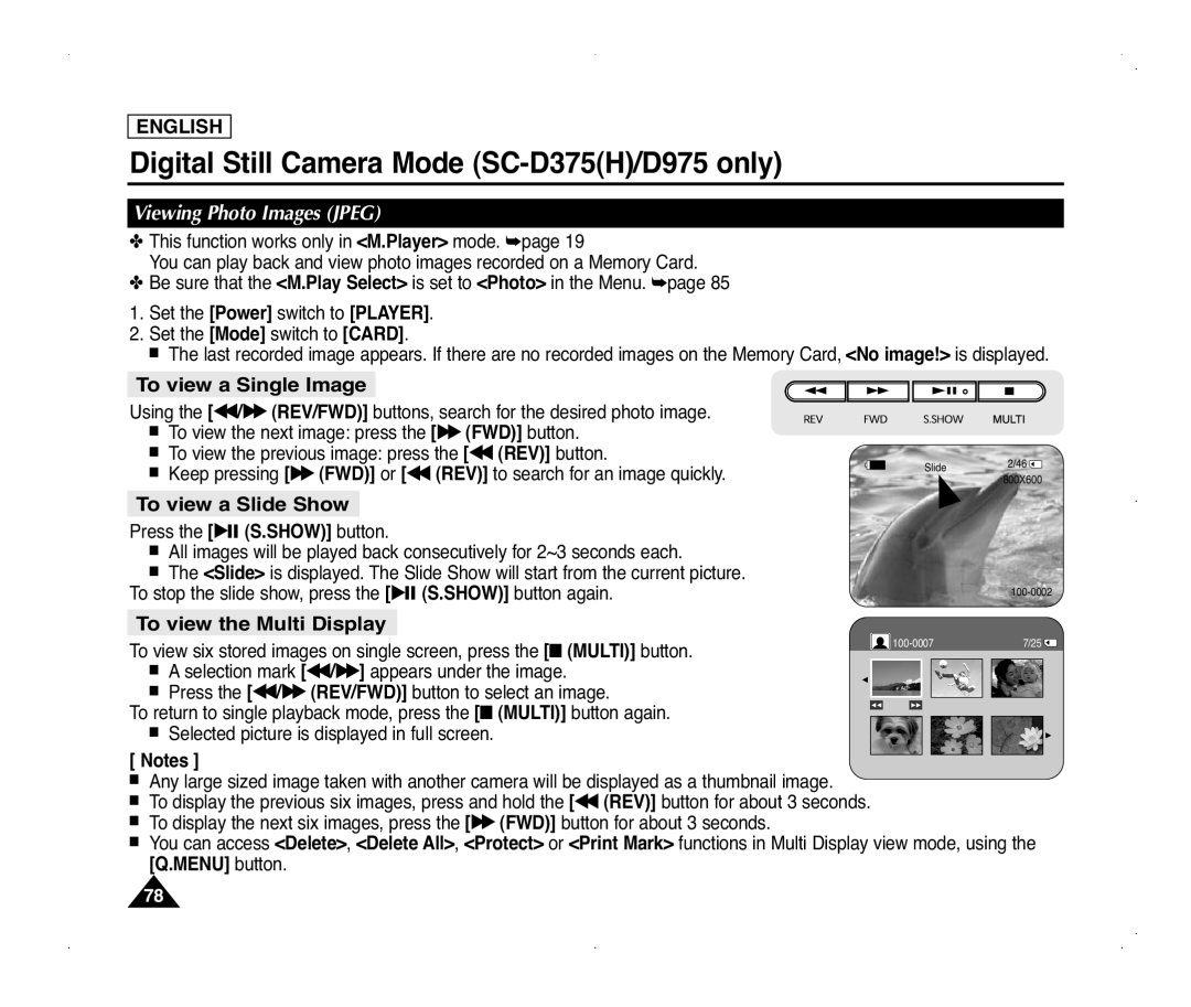 Samsung SC-D375(H) To view a Single Image, To view a Slide Show, To view the Multi Display, Viewing Photo Images Jpeg 