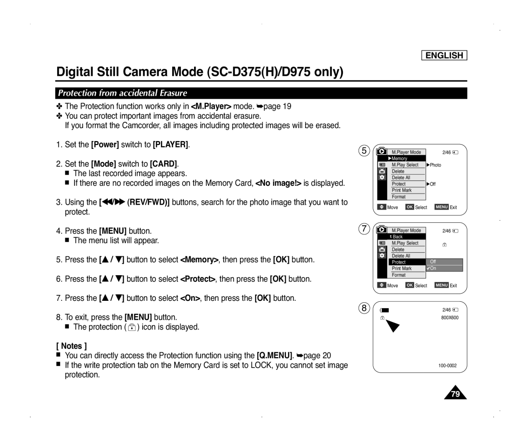 Samsung SC-D372, SC-D371, SC-D975, SC-D375(H) manual Protection from accidental Erasure 