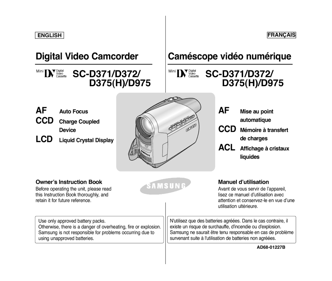 Samsung SC-D975, SC-D371, SC-D375(H), SC-D372 manuel dutilisation CCD Mémoire à transfert de charges, AD68-01227B 