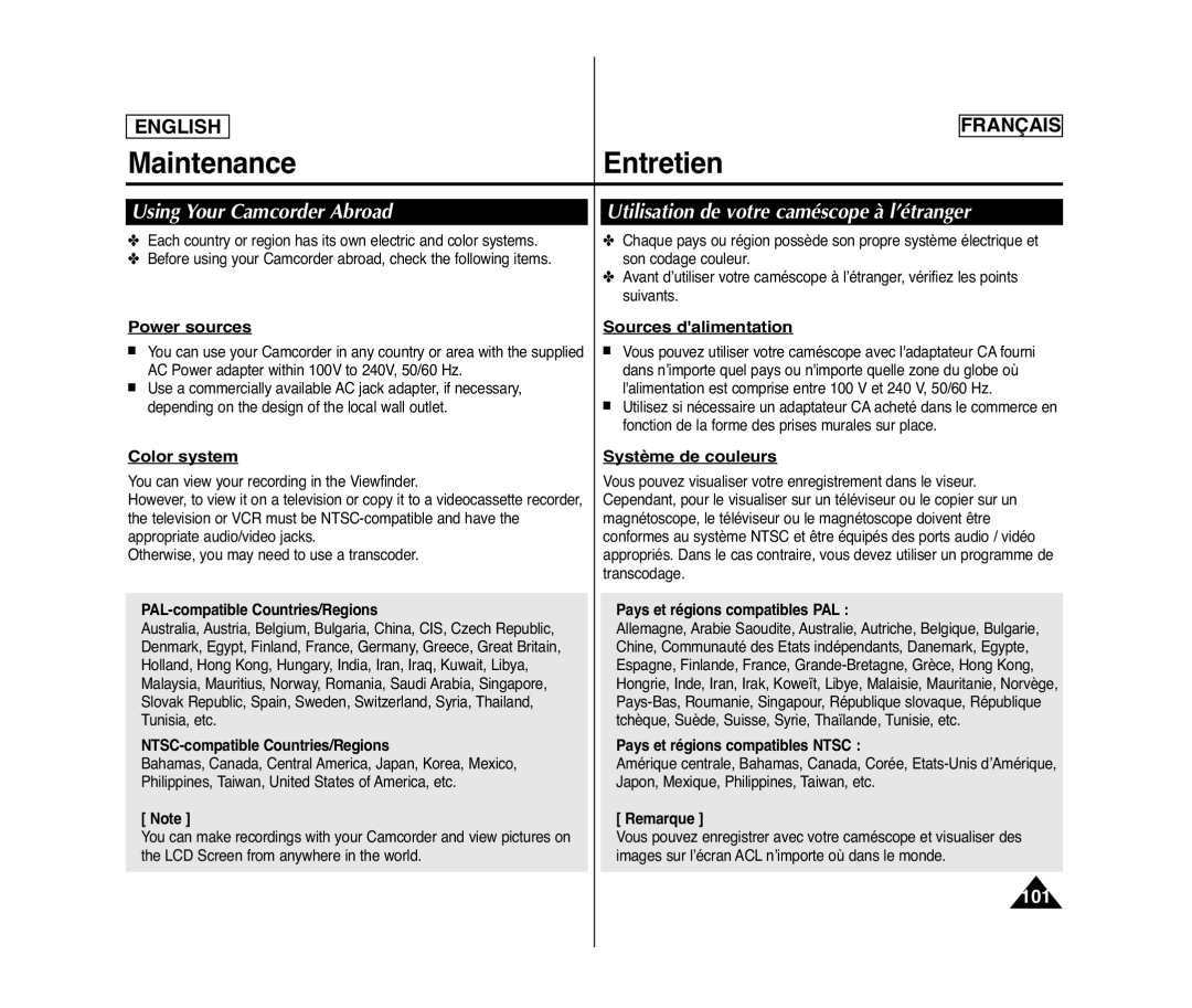 Samsung SC-D975, SC-D371, SC-D375(H), SC-D372 Using Your Camcorder Abroad, Utilisation de votre caméscope à l’étranger 