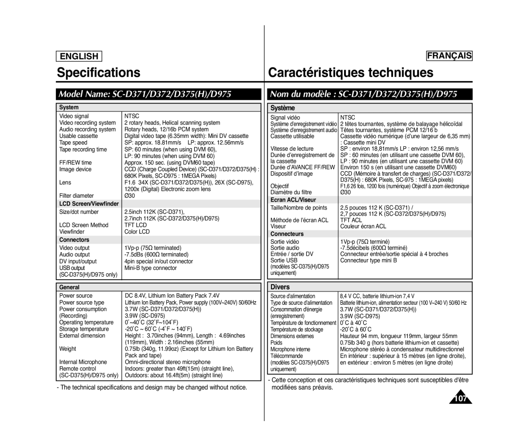 Samsung SC-D372, SC-D975 Specifications Caractéristiques techniques, Model Name SC-D371/D372/D375H/D975, Système, Divers 