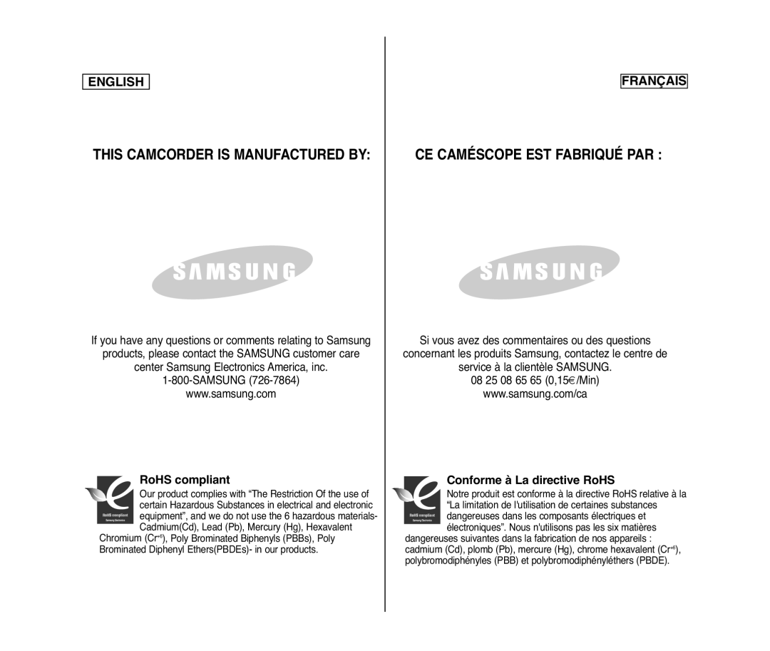 Samsung SC-D375(H), SC-D371, SC-D975, SC-D372 manuel dutilisation RoHS compliant 