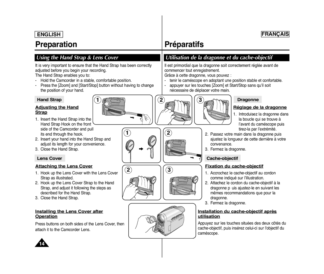 Samsung SC-D375(H), SC-D371, SC-D975, SC-D372 manuel dutilisation PreparationPréparatifs, Using the Hand Strap & Lens Cover 