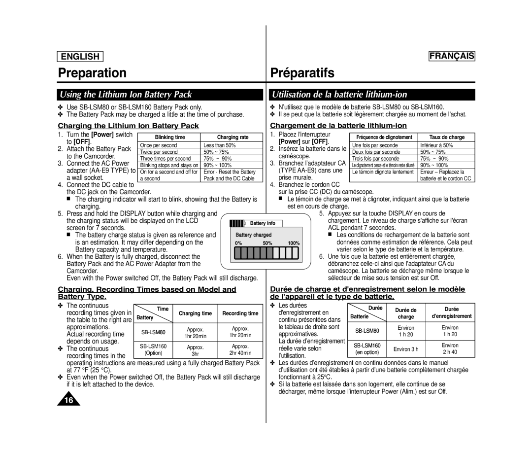 Samsung SC-D371 Preparation Préparatifs, Charging, Recording Times based on Model and Battery Type, To OFF Power sur OFF 