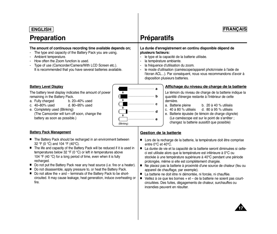 Samsung SC-D975, SC-D371 Affichage du niveau de charge de la batterie, Gestion de la batterie, Battery Level Display 