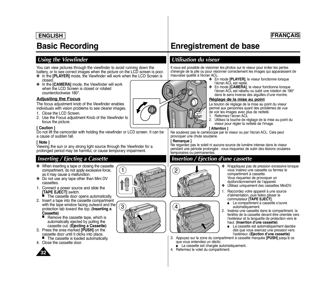 Samsung SC-D371, SC-D975, SC-D375(H) Basic Recording Enregistrement de base, Using the Viewfinder, Utilisation du viseur 