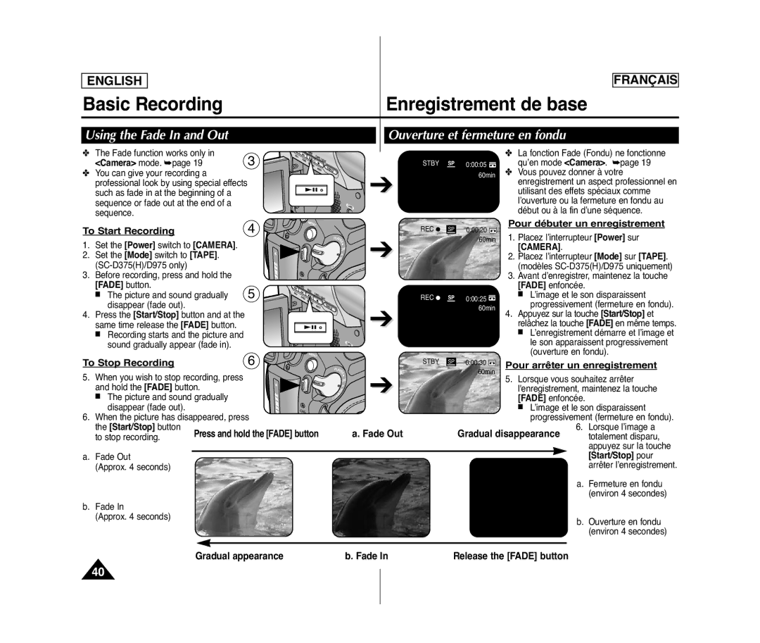Samsung SC-D371, SC-D975 Using the Fade In and Out Ouverture et fermeture en fondu, To Start Recording, To Stop Recording 