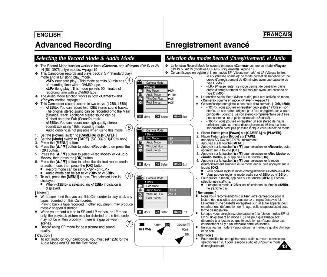 Samsung SC-D372, SC-D371, SC-D975 Advanced Recording Enregistrement avancé, Selecting the Record Mode & Audio Mode 