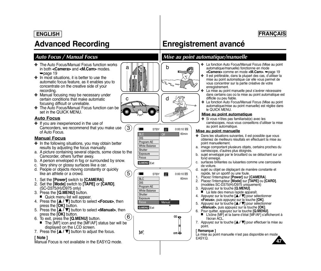 Samsung SC-D372, SC-D371, SC-D975, SC-D375(H) Auto Focus, Manual Focus, Mise au point automatique, Mise au point manuelle 