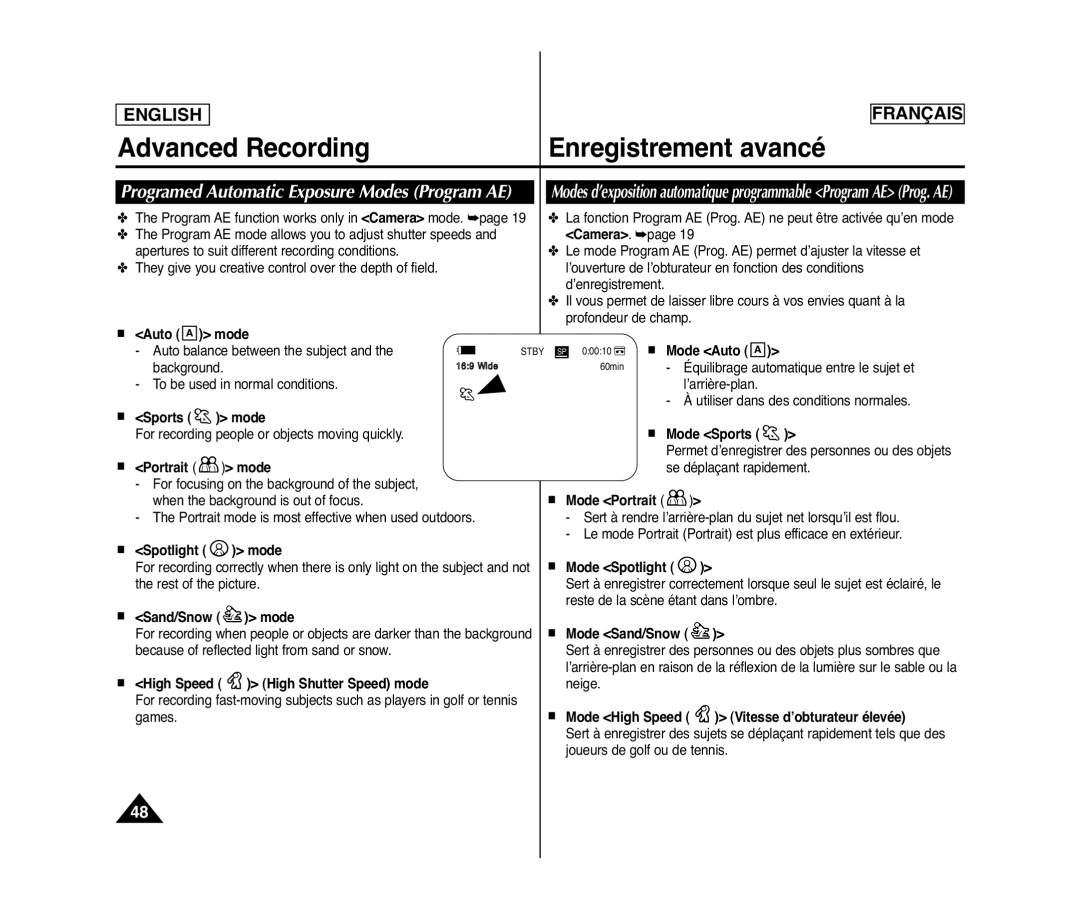 Samsung SC-D371, SC-D975, SC-D375(H), SC-D372 manuel dutilisation Programed Automatic Exposure Modes Program AE 