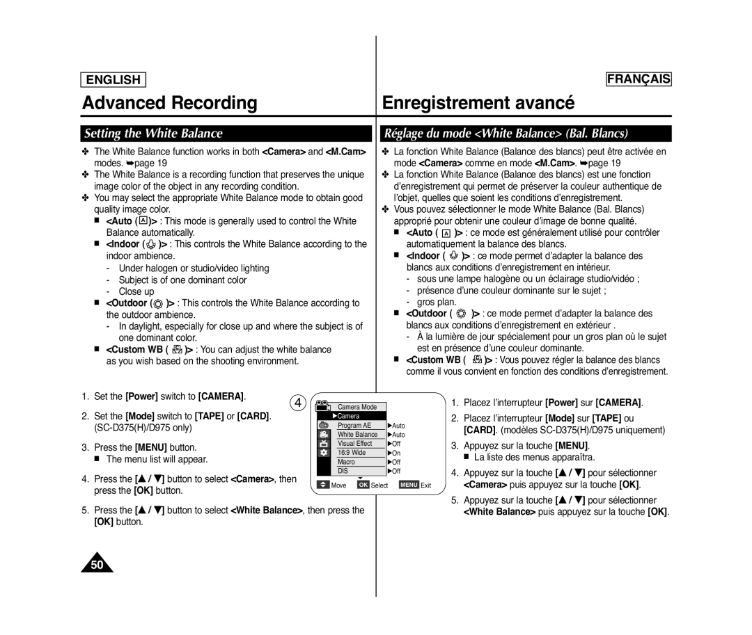 Samsung SC-D375(H), SC-D371, SC-D975, SC-D372 Setting the White Balance, Réglage du mode White Balance Bal. Blancs 