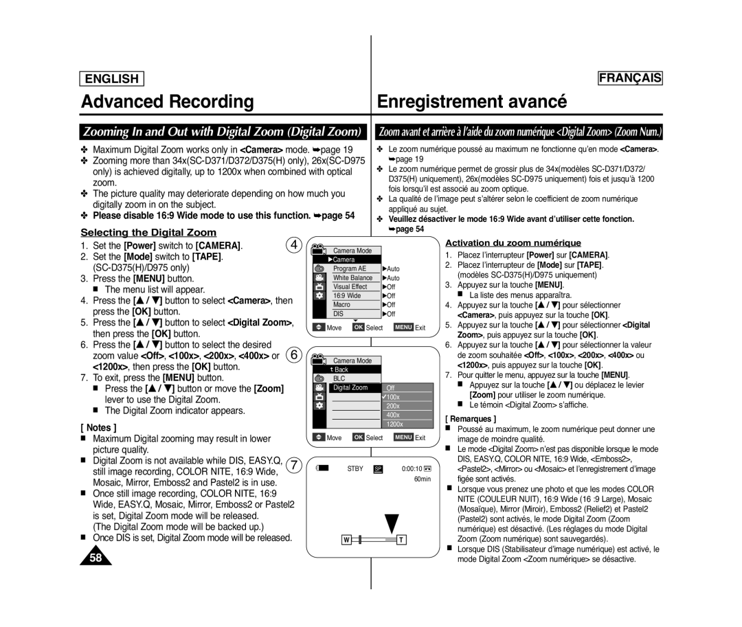 Samsung SC-D375(H), SC-D371, SC-D975, SC-D372 Zooming In and Out with Digital Zoom Digital Zoom, Selecting the Digital Zoom 