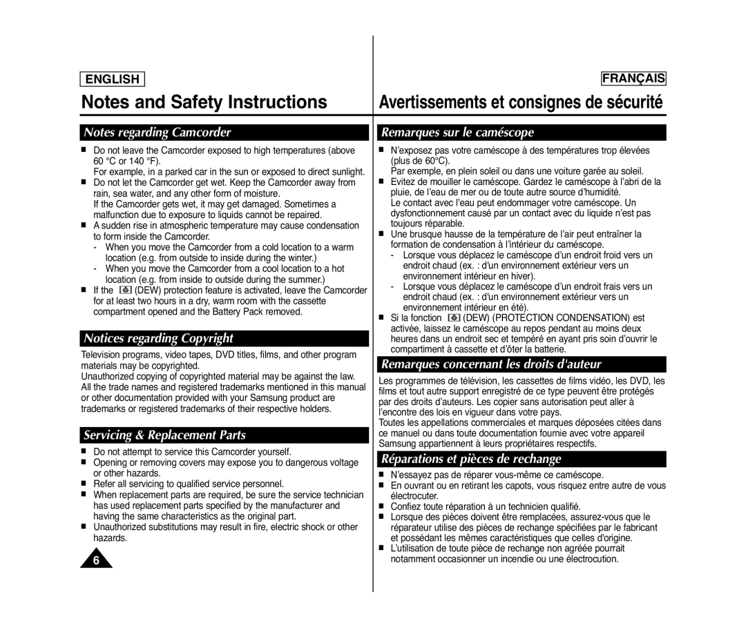 Samsung SC-D375(H) Servicing & Replacement Parts, Remarques sur le caméscope, Remarques concernant les droits dauteur 