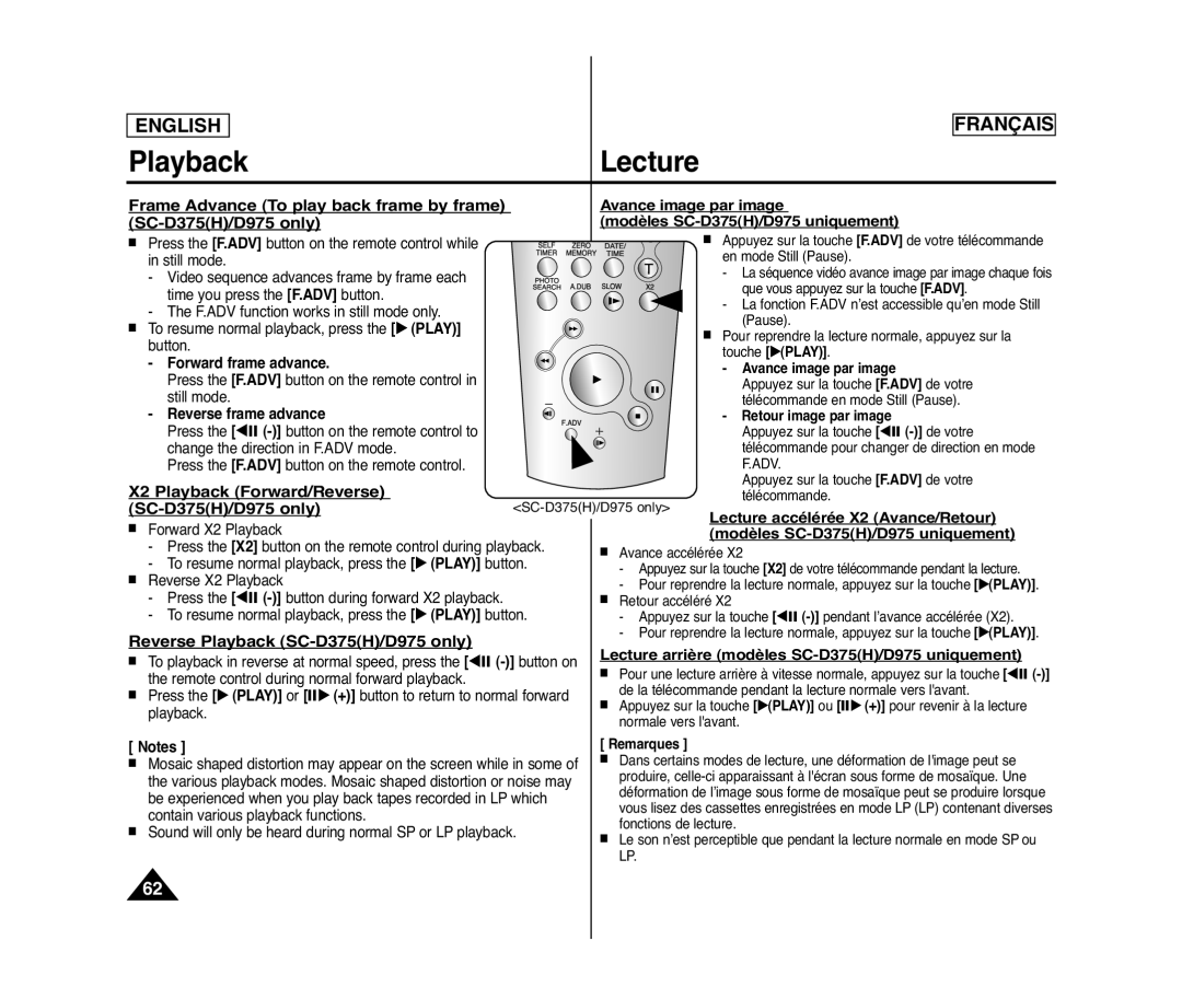 Samsung SC-D375(H), SC-D371, SC-D975 Playback Lecture, X2 Playback Forward/Reverse, Lecture accélérée X2 Avance/Retour 