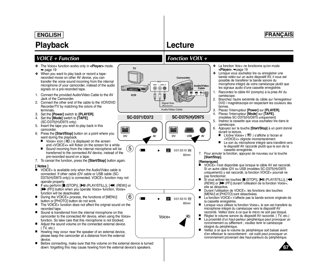 Samsung SC-D372, SC-D371, SC-D975, SC-D375(H) manuel dutilisation Voice + Function, Fonction Voix +, Start/Stop 