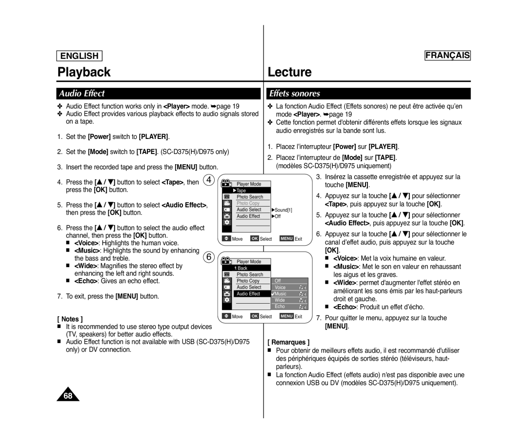 Samsung SC-D371, SC-D975, SC-D375(H), SC-D372 manuel dutilisation Audio Effect, Effets sonores 