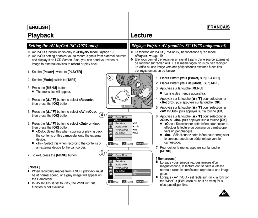 Samsung SC-D371, SC-D375(H) Setting the AV In/Out SC-D975 only, Réglage Ent/Sor AV modèles SC-D975 uniquement, Menu 