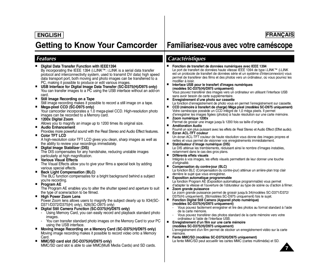 Samsung SC-D372, SC-D371, SC-D975, SC-D375(H) manuel dutilisation Features, Caractéristiques 