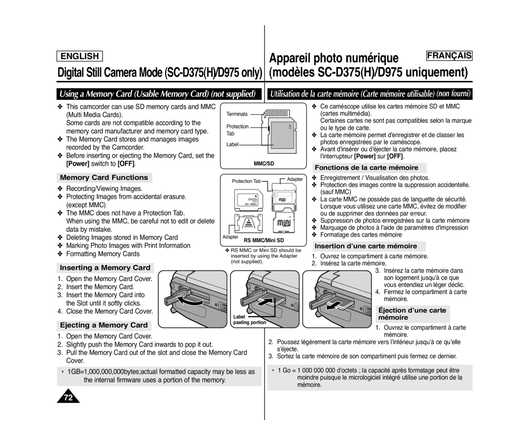 Samsung SC-D371 Memory Card Functions, Inserting a Memory Card, Éjection d’une carte, Mémoire Ejecting a Memory Card 