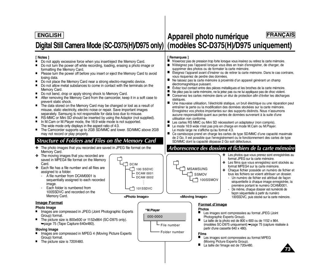 Samsung SC-D975, SC-D371, SC-D375(H) Structure of Folders and Files on the Memory Card, Image Format, Format d’image 