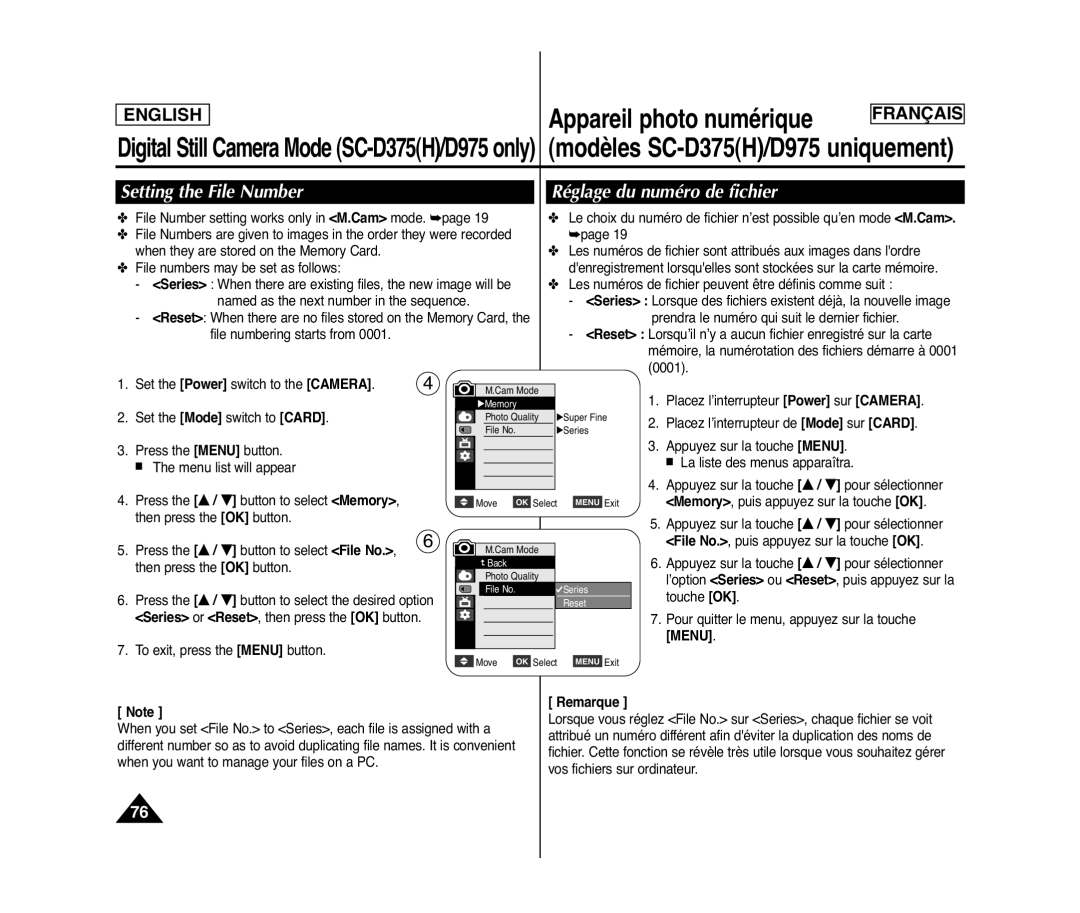 Samsung SC-D371, SC-D975, SC-D375(H), SC-D372 manuel dutilisation Setting the File Number, Réglage du numéro de fichier 