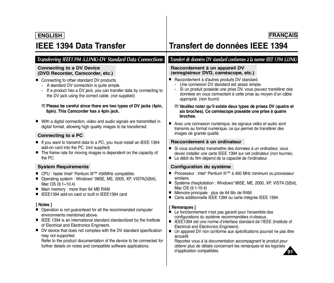 Samsung SC-D372, SC-D371, SC-D975, SC-D375(H) manuel dutilisation Ieee 1394 Data Transfer Transfert de données Ieee 