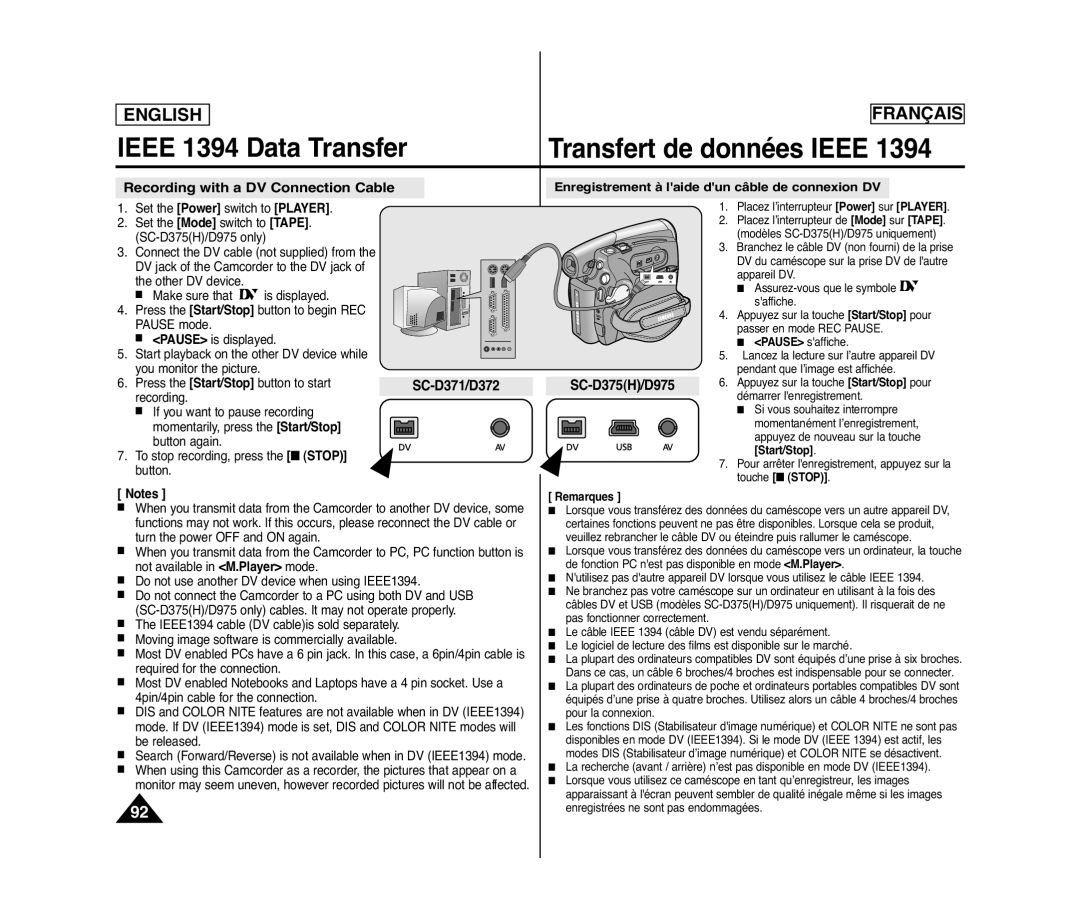 Samsung SC-D371, SC-D975, SC-D375(H), SC-D372 Ieee 1394 Data Transfer, Recording with a DV Connection Cable 