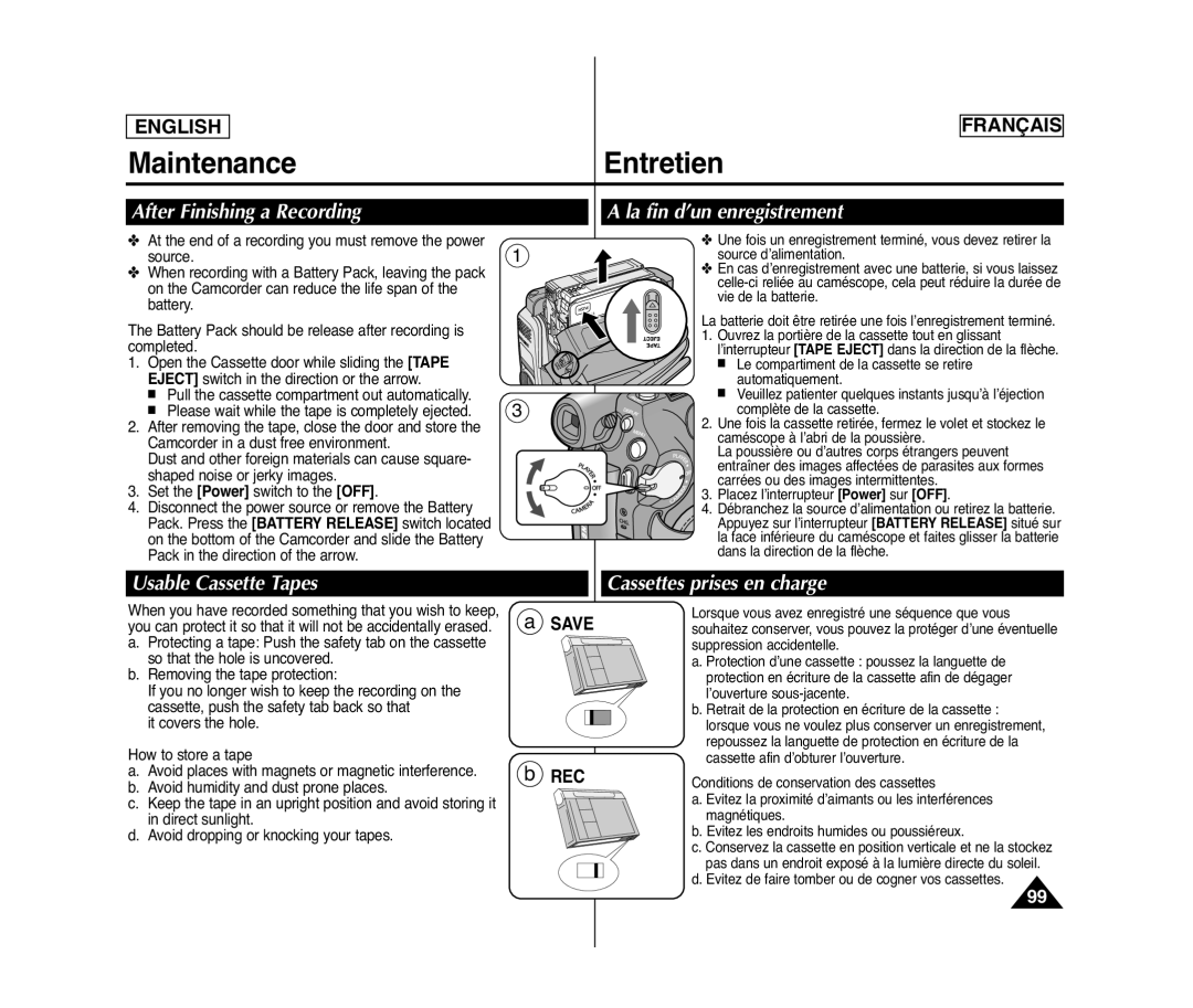 Samsung SC-D372 MaintenanceEntretien, After Finishing a Recording, La fin d’un enregistrement, Usable Cassette Tapes 