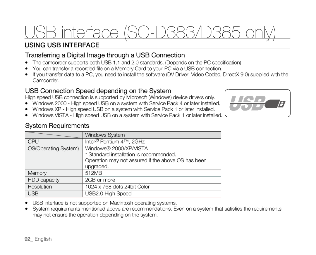 Samsung SC-D381 user manual USB interface SC-D383/D385 only, USB Connection Speed depending on the System 