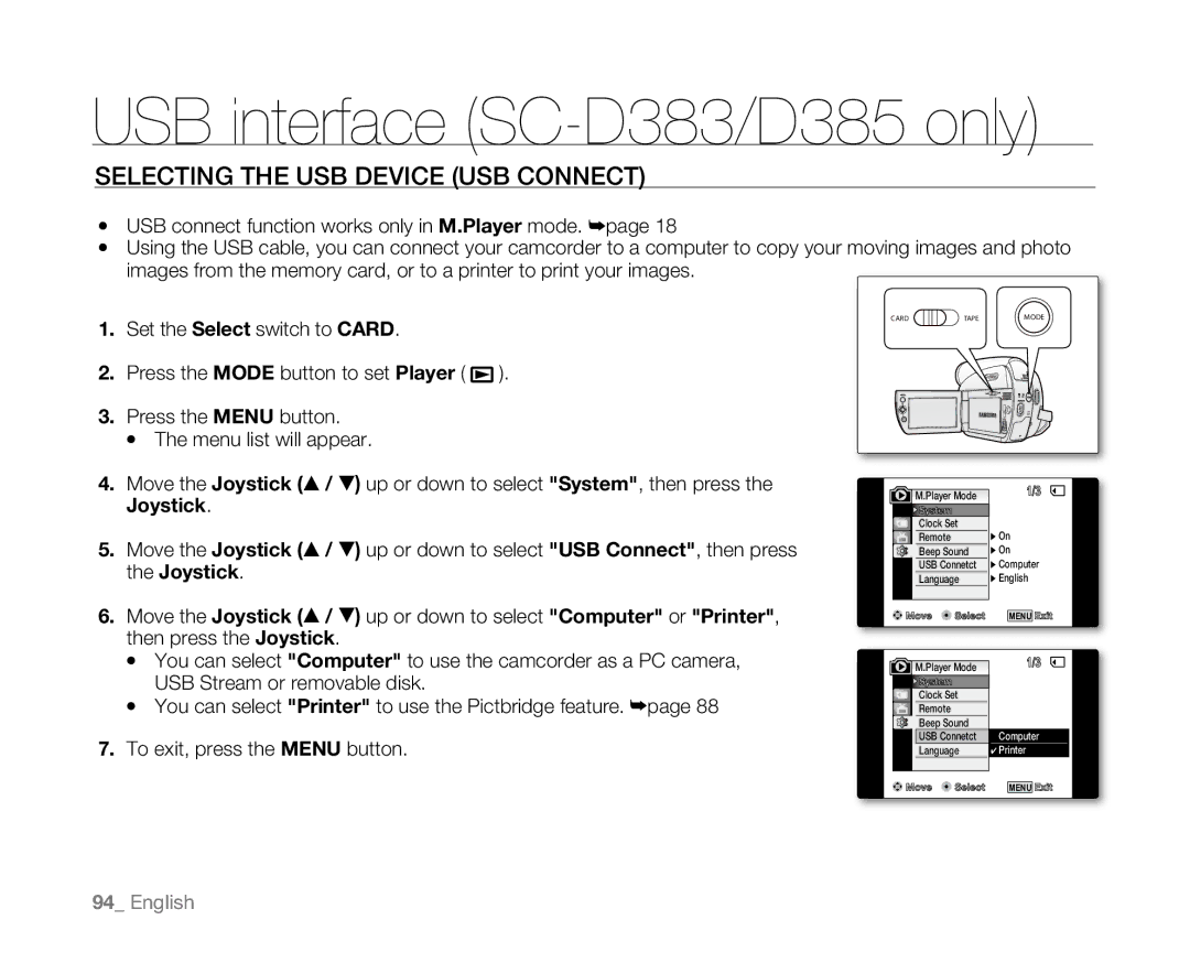 Samsung SC-D381 user manual Selecting the USB Device USB Connect 