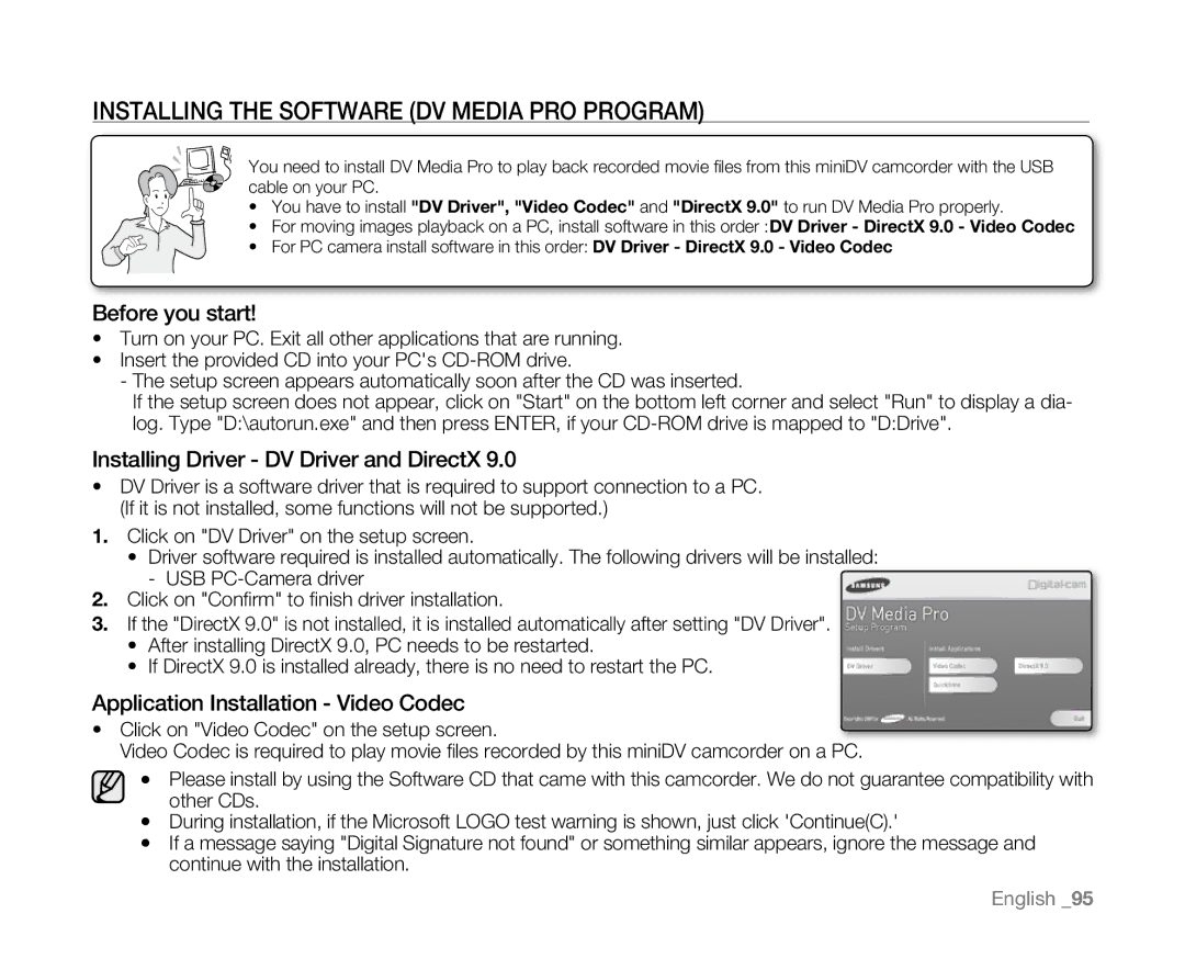 Samsung SC-D381 user manual Installing the Software DV Media Pro Program, Before you start 