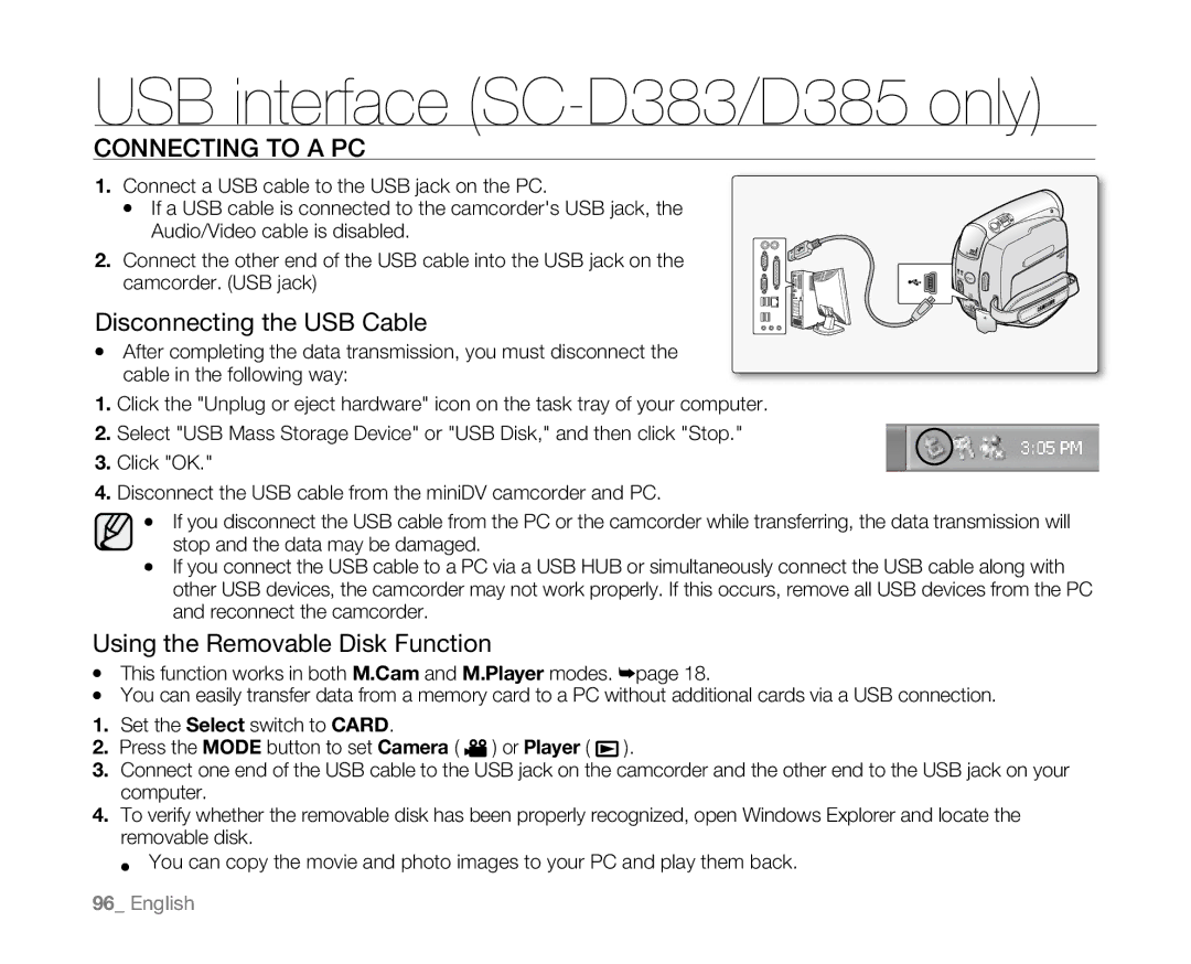 Samsung SC-D381 user manual Disconnecting the USB Cable, Using the Removable Disk Function 